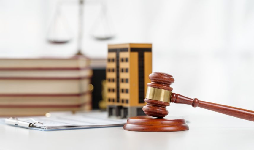 Property Lawyer desk with gavel and contract paper of attorney, nobody, no people